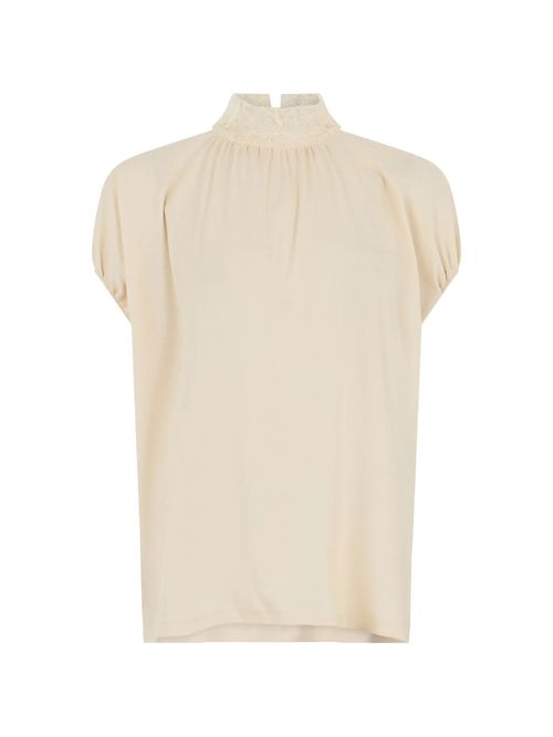 Lace-Collar Gathered Blouse — Cream