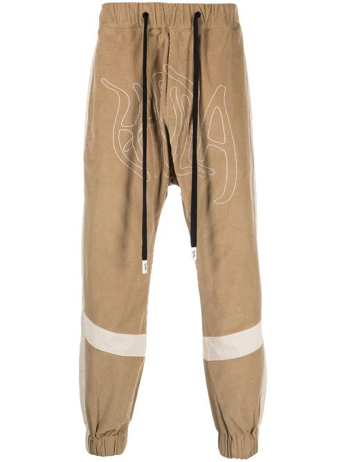 Embroidered-logo ribbed drop-crotch pants - Brown