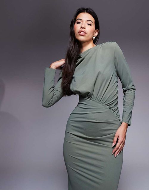 Ruched maxi dress in olive-Green