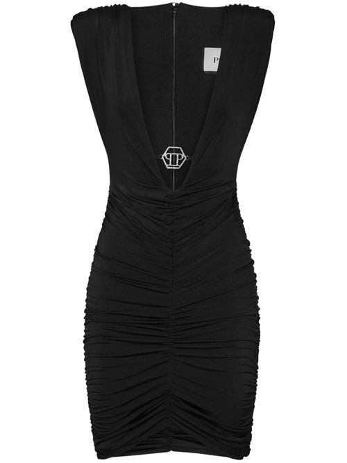 Logo-plaque ruched mini dress - "02 black"