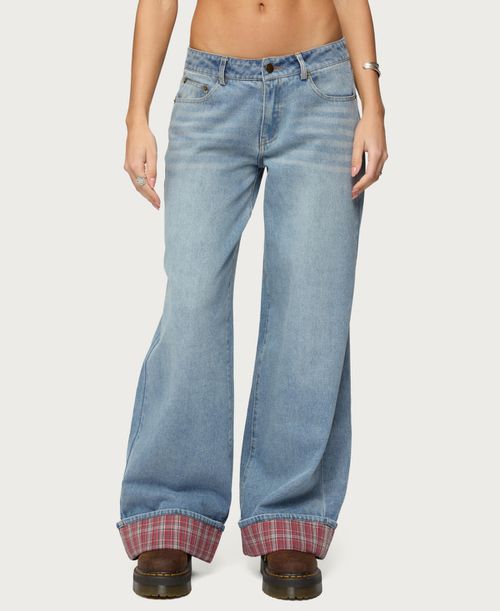 Womens Plaid Cuffed Low Rise Jeans - Light-blue