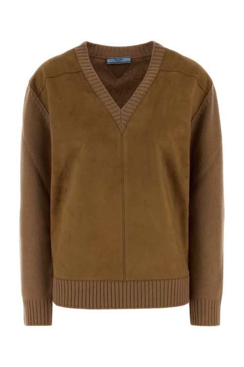 Wool-Blend V-Neck Sweater — Camel