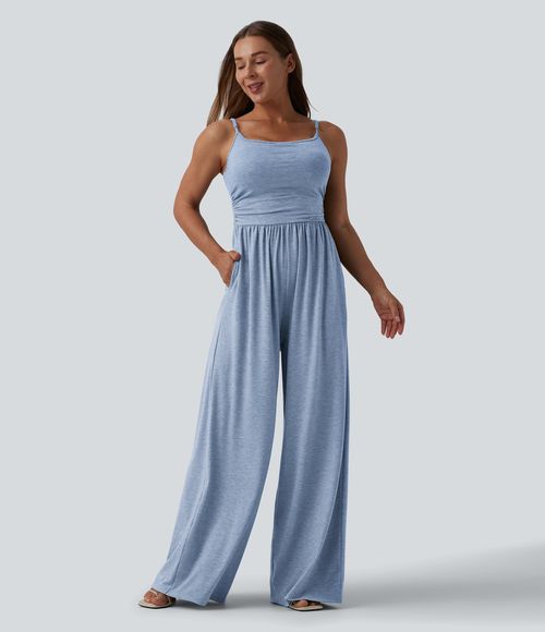 Adjustable Straps Ruched Wide Leg Heathered Casual Jumpsuit with Pockets-Easy Peezy  - Cloudlight Blue