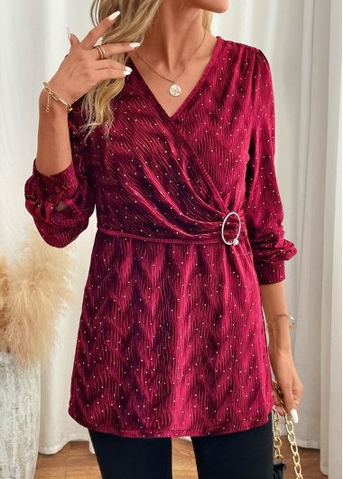 Modlily Wine Red Velvet Long Sleeve V Neck Blouse