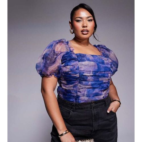 In The Style Plus Womens puff sleeve organza bodysuit in purple print