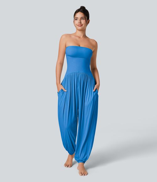 Ribbed Tube Backless Side Pocket Casual Jumpsuit  - Clear Sunny Blue