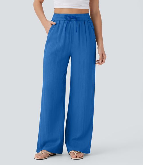 High Waisted Drawstring Pocket Wide Leg Casual Linen-Feel Pants  - Strong Blue