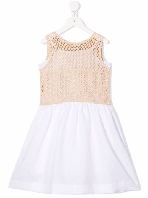 Crochet-top linen dress - White