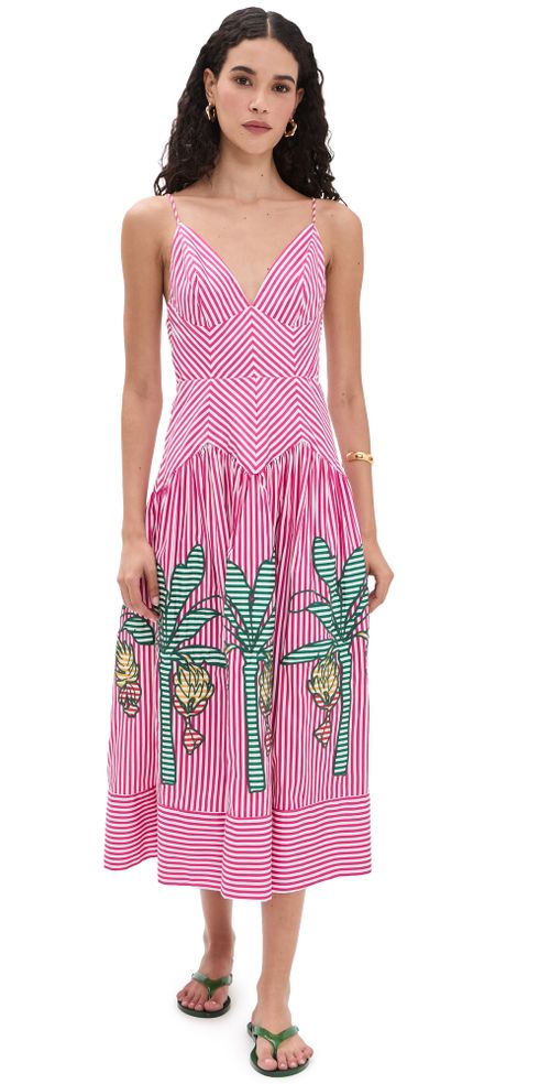 Palm Tree Cutwork Stripes Midi Dress Multi