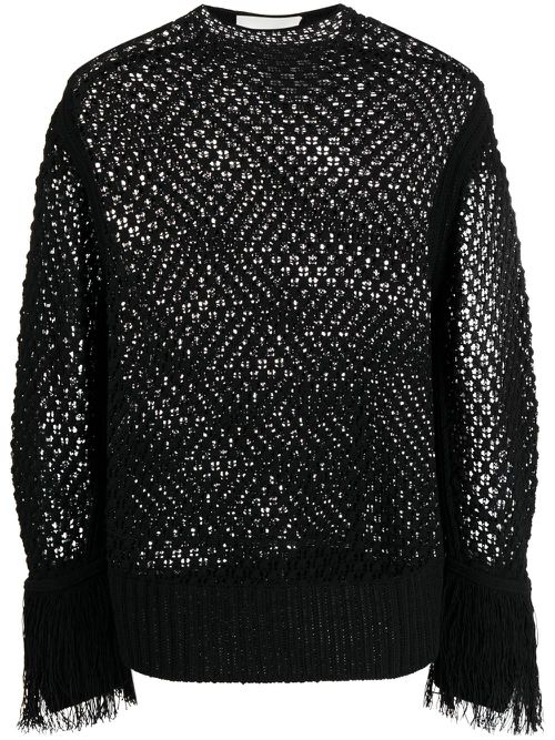 Pointelle-knit fringed jumper - Black