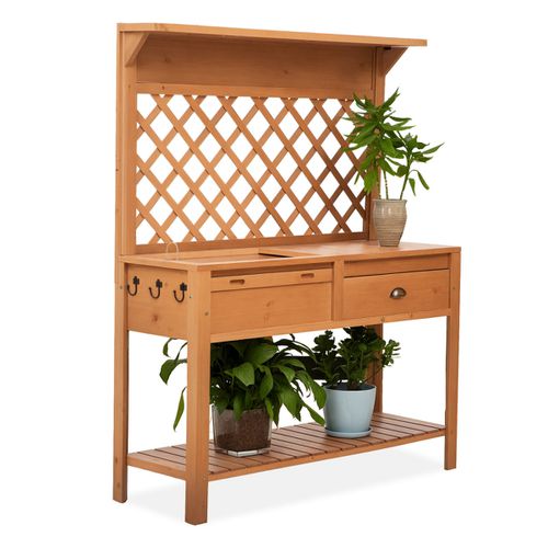 Garden Potting Bench Table Wooden Workstation w/ Metal Screen, Drawer - Natural