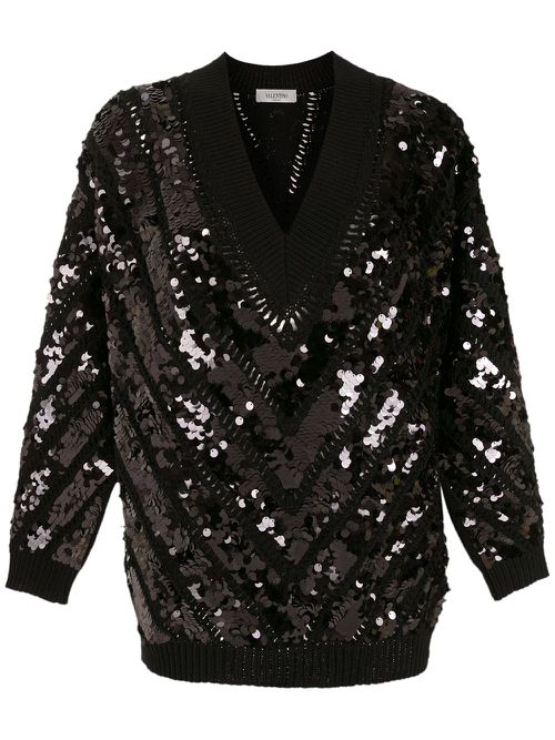 Sequin-embellished V-neck jumper - Black