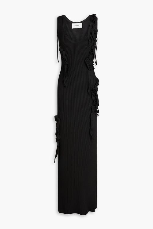 Floral-appliquéd ribbed-knit maxi dress - Black - L