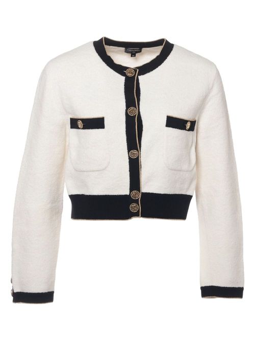 CHANEL Pre-Owned contrasting-trim cardigan - White