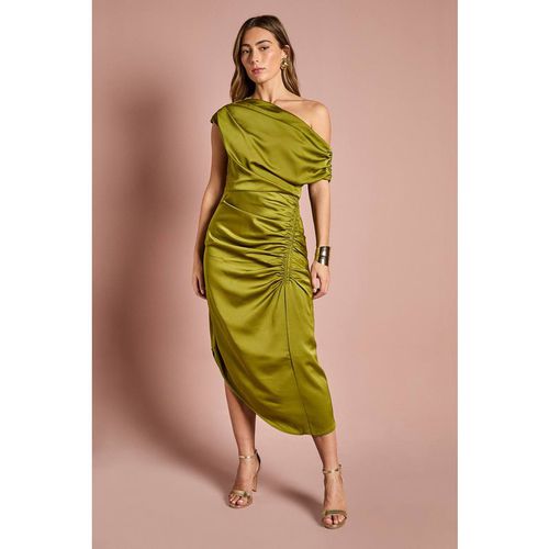 Coast Women's Petite Satin Ruched One Shoulder Asymmetric Hem Midi Dress in Olive