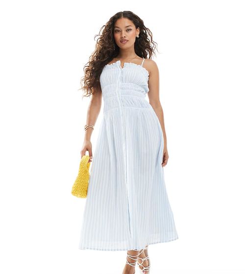 Shirred body button up midaxi dress in blue stripe