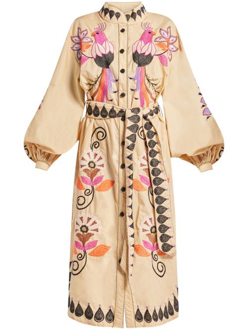Khaki Flower Bird Embroidered midi dress - Neutrals