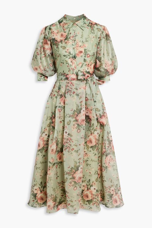Floral-print chiffon midi shirt dress - Green - US 6