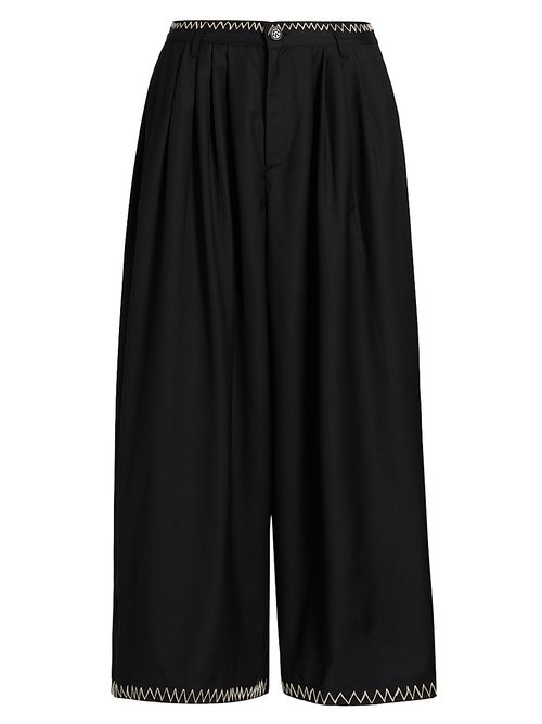 Men's Wool Embroidered Wide-Leg Pants - Black