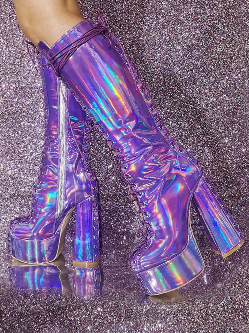 Women's Sexy Platform Chunky Heel Knee High Boots Metallic Lace Up Boot