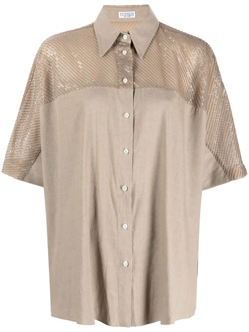 Sequin-embellished short-sleeved shirt - Neutrals