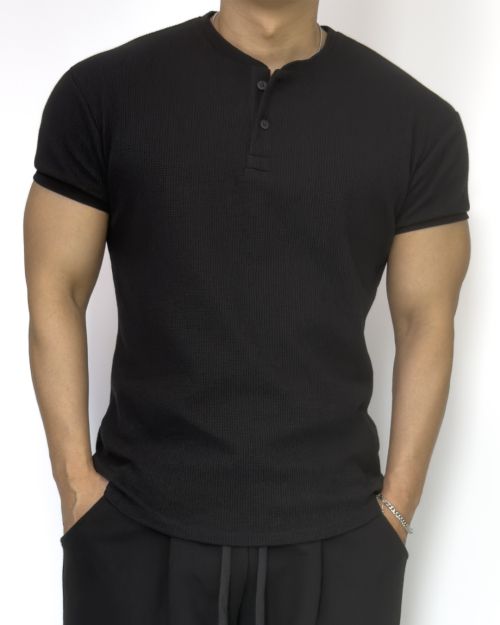 Muscle Fit Waffle Henley Neck Short Sleeve BLACK