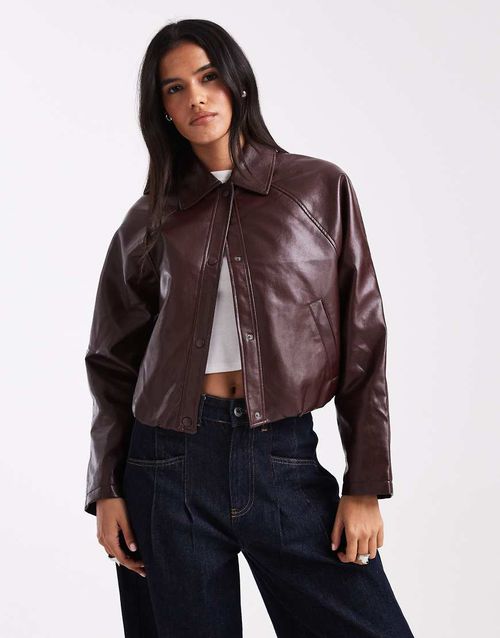 Bubble hem PU jacket in burgundy-Red
