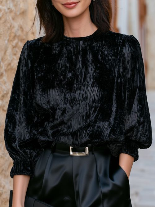 Crushed Velvet Puff-Sleeve Blouse - Black
