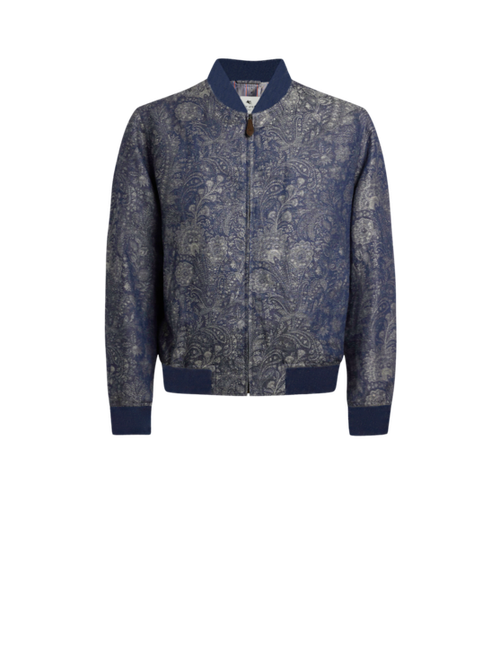 Jacquard Denim Bomber Jacket With Floral Paisley Motif