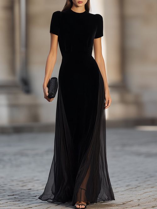 Short Sleeve Floor-Length Dress With Sheer Flowing Skirt - Black