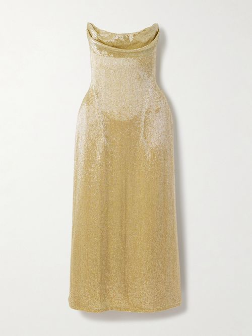 Beaded Strapless Chiffon Midi Dress - Gold