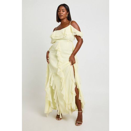 Boohoo Women's Plus Chiffon Ruffle Cold Shoulder Maxi Dress in Lemon