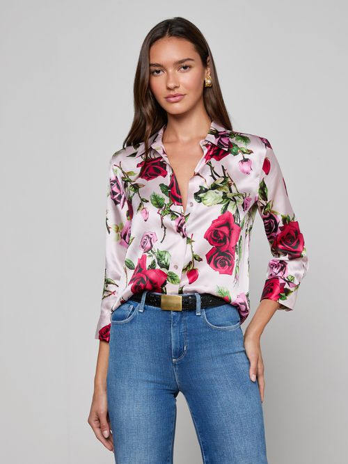 Dani Silk Blouse Top In Pink Multi Romantic Rose