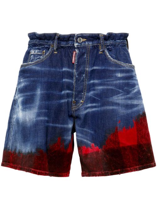 Checked colour-block denim shorts - Blue
