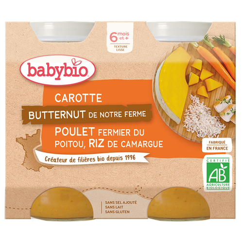 Babybio Midi Jars - 6 months and more - Carrot, Butternut, Farmer Chicken, Rice - ORGANIC 2x200 g