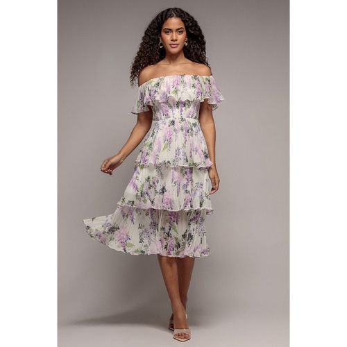 Goddiva Shirred Chiffon Floral Bardot Midi Dress - Multi