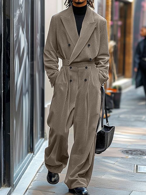Mens Textured Striped Long Sleeve Jumpsuit SKUK74991 - Khaki / S