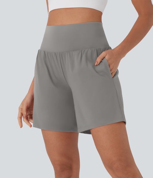 "Softlyzero™ Airy Super High Waisted 2-in-1 Cool Touch Yoga Shorts 7"" with Pockets Gym Short - Steeple Gray
