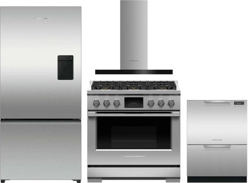 Fisher & Paykel 4 Piece Kitchen Appliances Package with Bottom Freezer Refrigerator, Dual Fuel Range and Dishwasher in Stainless Steel FPRERARHDW
