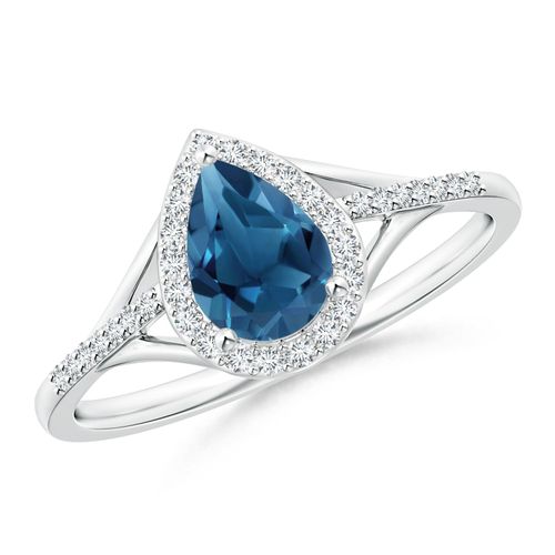 Angara 0.8 Carat Pear-Shaped London Blue Topaz Ring with Diamond Halo in Platinum