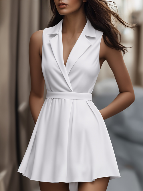 White Pleated Mini Shirt Dress - White