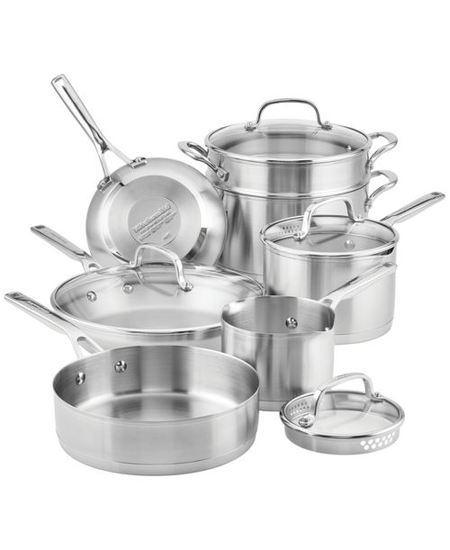 3-Ply Base Stainless Steel 11 Piece Cookware Induction Pots and Pans Set - Brushed Stainless Steel