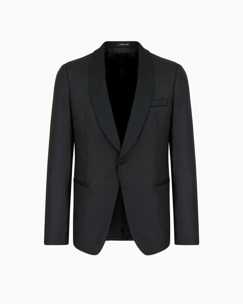 Light worsted virgin wool single-breasted jacket with satin shawl lapels