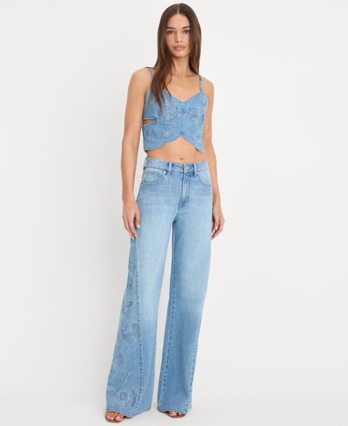 Women's High-Rise Wide-Leg Embroidered Jeans - Indigo1202
