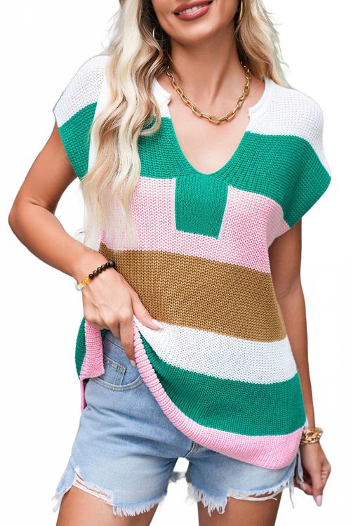 Colorblock Notch V-Neck Sweater In Green