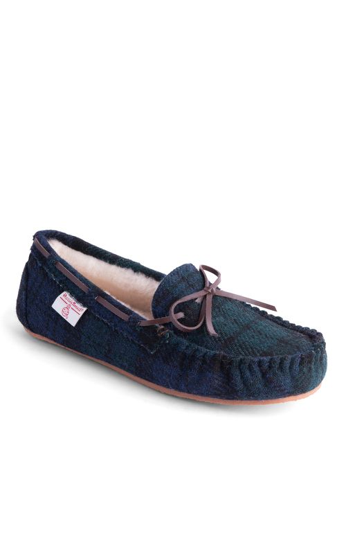 House of Bruar Harris Tweed Men's Harris Tweed Moccasin Slippers, Black Watch