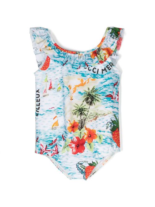 Illustration-print ruffled swimsuit - Blue