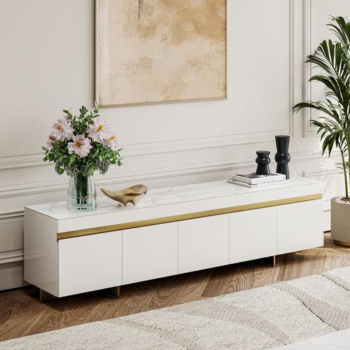 86" White Sintered Stone Top TV Stand with 4 Drawer