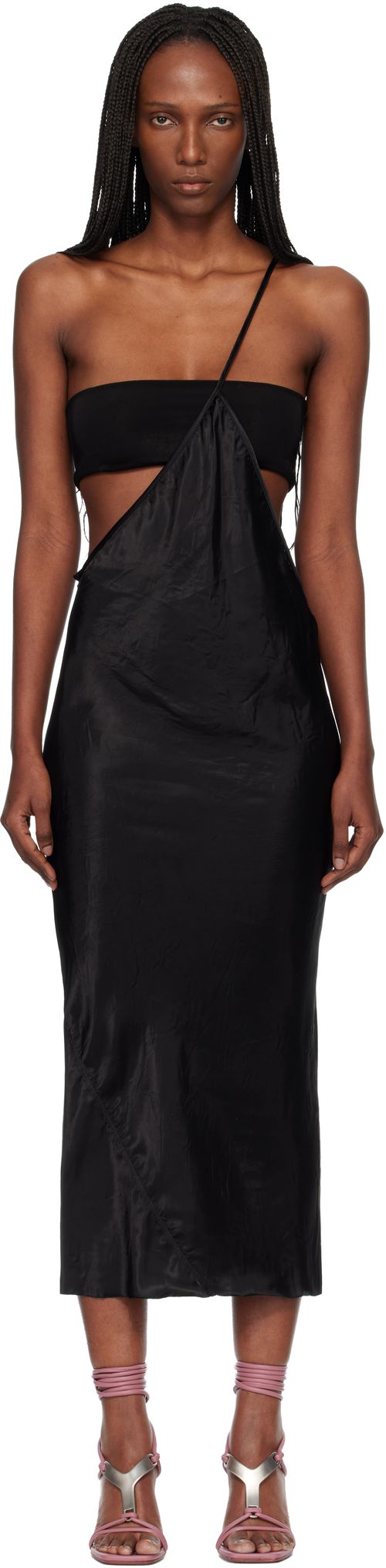 Black Temple Bias Strap Midi Dress