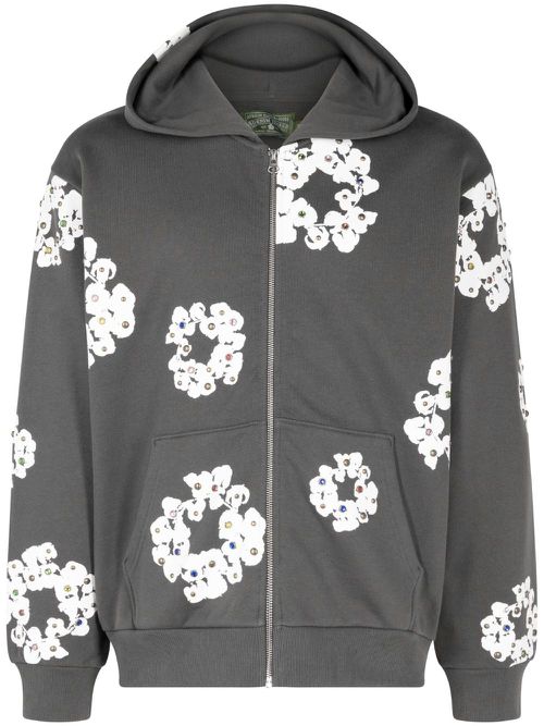Rhinestone Wreath zip hoodie - Grey